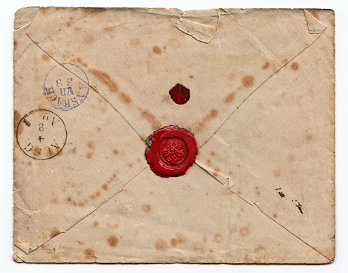 Vintage envelope with red wax seal and postage stamps on a white background